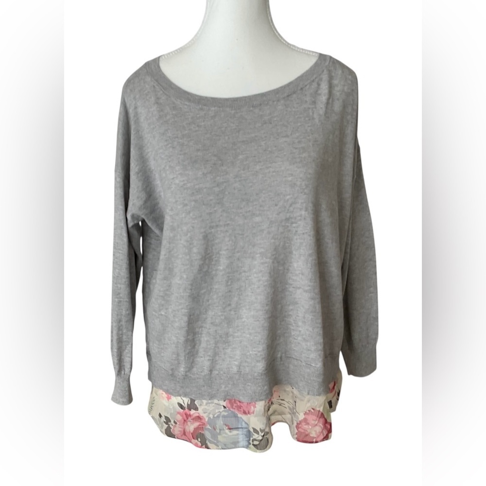 Lauren Ralph Lauren Grey Sweater Floral Chiffon Hem XL